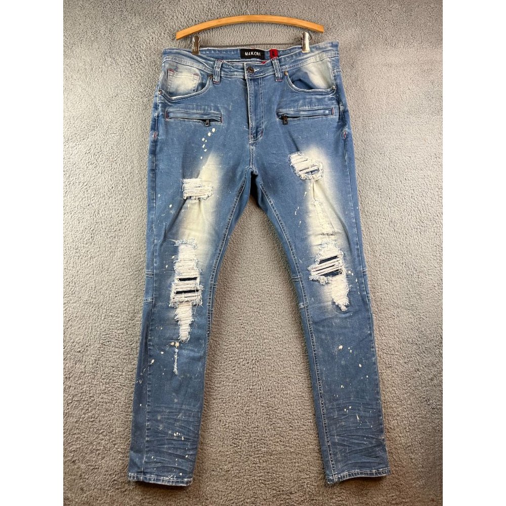 Makobi Paint Splatter Biker Jeans Light Wash Sz 38X34
